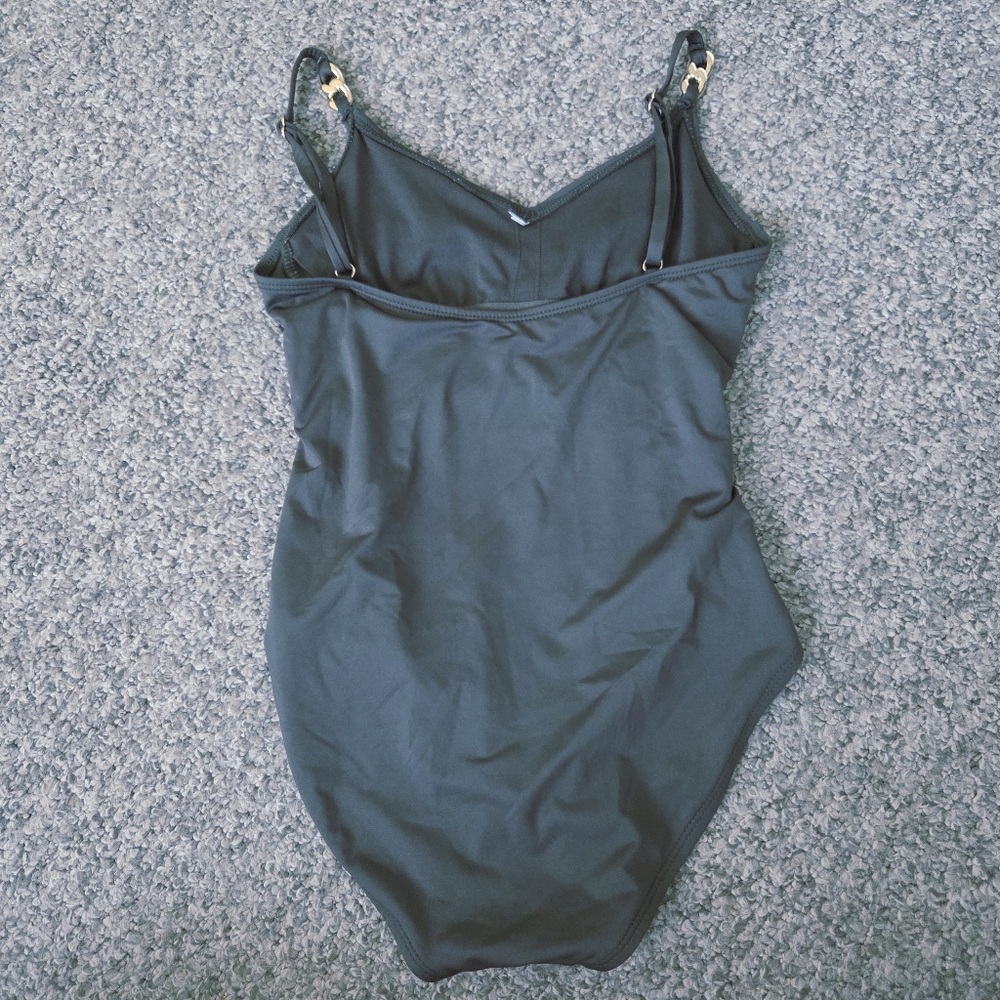 Michael Kors Women's Sz 6 One Piece V-neck Swimsuit Hunter Green Gold Chainlink - Picture 4 of 7